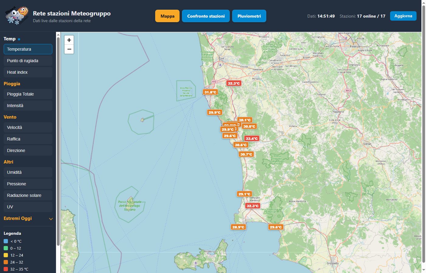 Anteprima della mappa live della rete stazioni Meteogruppo