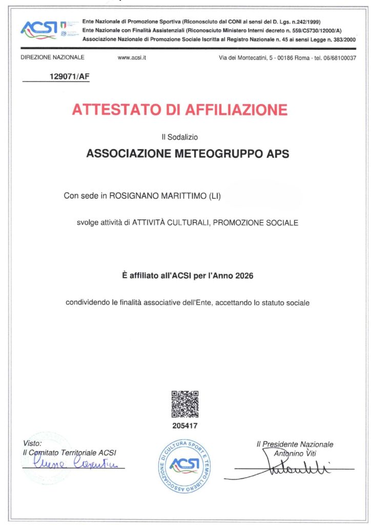 Attestato di affiliazione ACSI — Associazione Meteogruppo APS